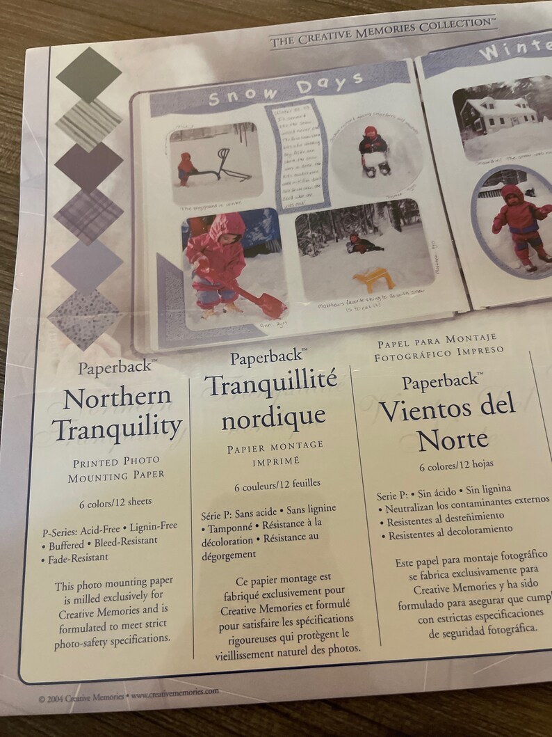 May include: Three different paper pads for scrapbooking and crafting. Each pad features a different winter theme: "Northern Tranquility", "Tranquility Nordique", and "Vientos del Norte". Each pad has 6 colors and 12 sheets.