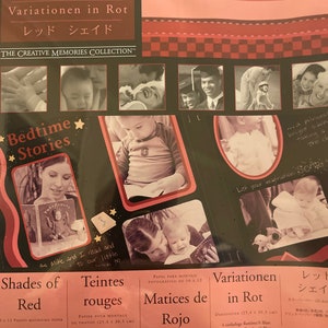 May include: A package of red photo mounting paper with the text "Shades of Red" in English, French, Spanish, German, and Japanese. The package includes 8 sheets of solid colors and 4 sheets of patterned prints. The package is part of the "Creative Memories Collection".