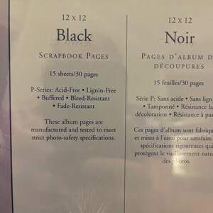 May include: Black 12x12 scrapbook pages, acid-free, lignin-free, buffered, bleed-resistant, and fade-resistant.  These pages are manufactured and tested to meet strict photo-safety specifications.