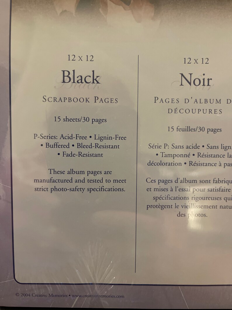 May include: Black 12x12 scrapbook pages, acid-free, lignin-free, buffered, bleed-resistant, and fade-resistant.  These pages are manufactured and tested to meet strict photo-safety specifications.