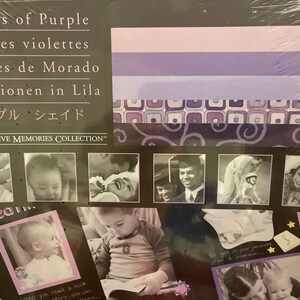 May include: A scrapbook paper collection with a purple theme. The paper features different shades of purple, from light to dark, and includes various patterns and designs. The text on the paper reads "Shades of Purple", "Teintes violettes", "Matices de Morado", "Variationen in Lila", and "パープル シェイド". The Creative Memories Collection&trade; is also printed on the paper.