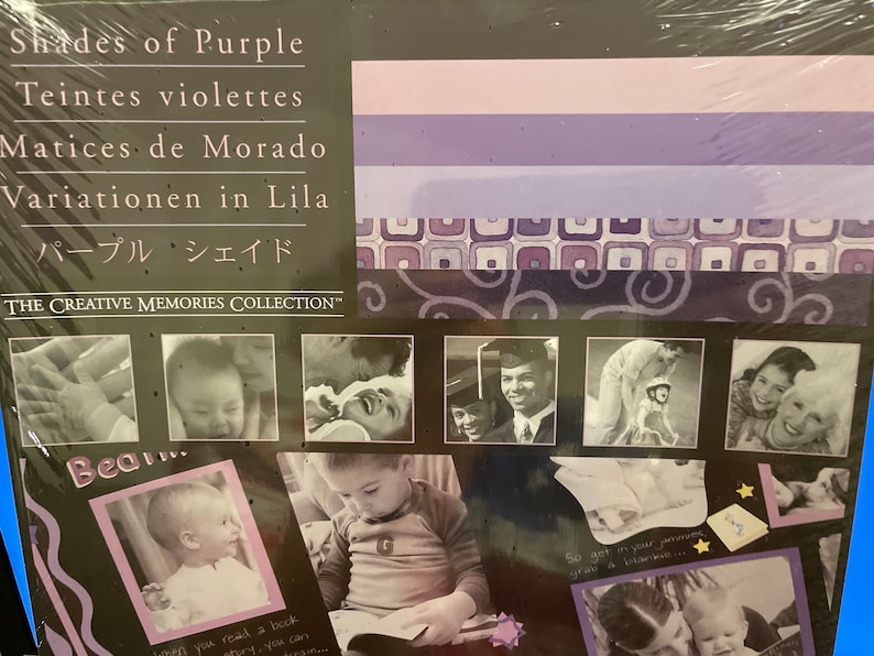 May include: A scrapbook paper collection with a purple theme. The paper features different shades of purple, from light to dark, and includes various patterns and designs. The text on the paper reads "Shades of Purple", "Teintes violettes", "Matices de Morado", "Variationen in Lila", and "パープル シェイド". The Creative Memories Collection&trade; is also printed on the paper.