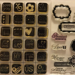 May include: A sheet of clear stamps with black and gold designs. The stamps feature various phrases and images related to love, friendship, and family. Some of the phrases include "miss you", "love you", "sweet love", "forever", "love is", "you are loved", "home time", "friends forever", and "you're amazing".