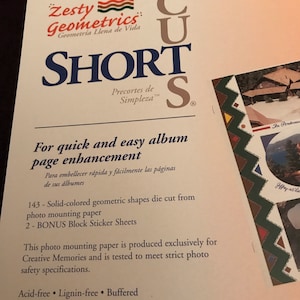 May include: A white paper product from the Creative Memories Collection. The product features the text "Zesty Geometrics" and "SHORT CUTS". The product is for quick and easy album page enhancement. It includes 143 solid-colored geometric shapes die cut from photo mounting paper and 2 bonus block sticker sheets.