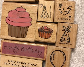 Vintage Birthday Stamps: Cake, Balloon, Confetti - 14 Piece Set - G4