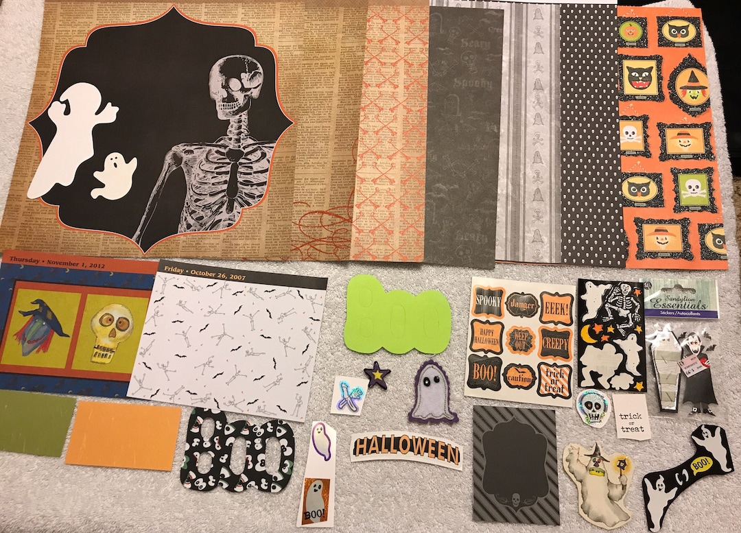 Halloween Scrapbook Kit 7 12x12 Sheets, Stickers, 3D Embellishments