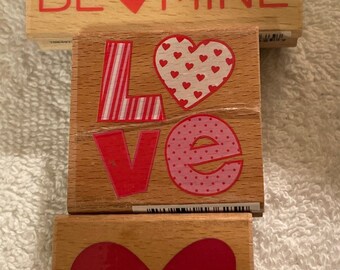 Valentine's Day Rubber Stamps: Cherub, Hearts, "Be Mine", Lips, "LOVE" - Scrapbooking Set - 6 Wooden Stamps - S1