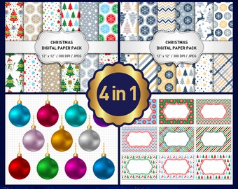 Christmas Digital Paper, Christmas Clip Art, Christmas Ball Clipart, Christmas Digital Frames, Christmas Digital Cards, Christmas Printable