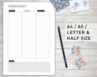 Password Tracker, Password Planner, Password Keeper, Organizing Printable,  Instant Download - A4, A5, Letter and Half Size