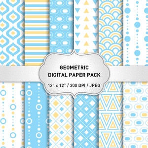 Light Blue Digital Paper, Geometric Digital Paper, Digital Paper with Blue Yellow Geometric Patterns for Scrapbooking, Geometric Background