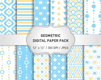 Light Blue Digital Paper, Geometric Digital Paper, Digital Paper with Blue Yellow Geometric Patterns for Scrapbooking, Geometric Background