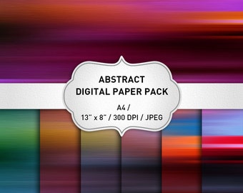 May include: A set of 10 digital papers with abstract, blurred, colorful stripes in various shades of red, orange, yellow, green, blue, purple, and pink. The papers are 13 inches by 8 inches and 300 DPI.  A4/ 13" x 8" / 300 DPI / JPEG
