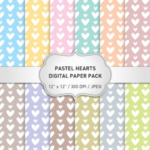 Hearts Digital Paper: &quot;PASTEL HEARTS&quot; Love Patterns, Pastel Digital Paper, Hearts Background, Love Digital Paper, Romantic Digital Paper