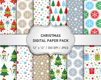 Christmas digital paper: "CHRISTMAS PAPER" with Snowflakes Snowman Christmas Trees Commercial Use, Christmas Background, Scrapbook Paper