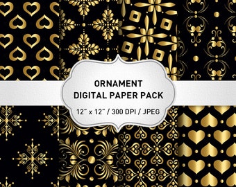 Gold and Black Digital Paper, Elegant Digital Paper, Instant Download, Black and Gold Foil Floral Printables