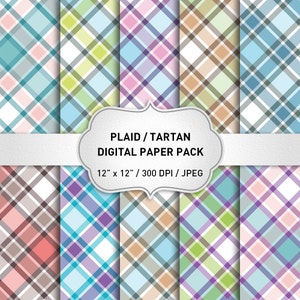 May include: A digital paper pack with 12 plaid or tartan patterns in various colors, including pink, blue, green, and brown. Each pattern is 12 inches by 12 inches and 300 DPI. The text "PLAID / TARTAN DIGITAL PAPER PACK 12" x 12" / 300 DPI / JPEG" is displayed on a white banner.