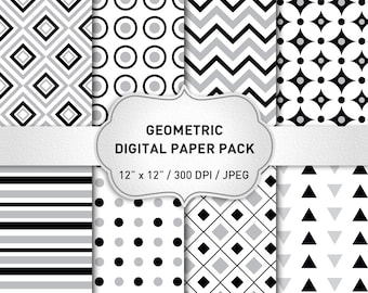 Black and White Digital Paper Pack, Geometric Digital Paper, Scrapbook Digital Paper, Geometric Background, Geometric Black and White