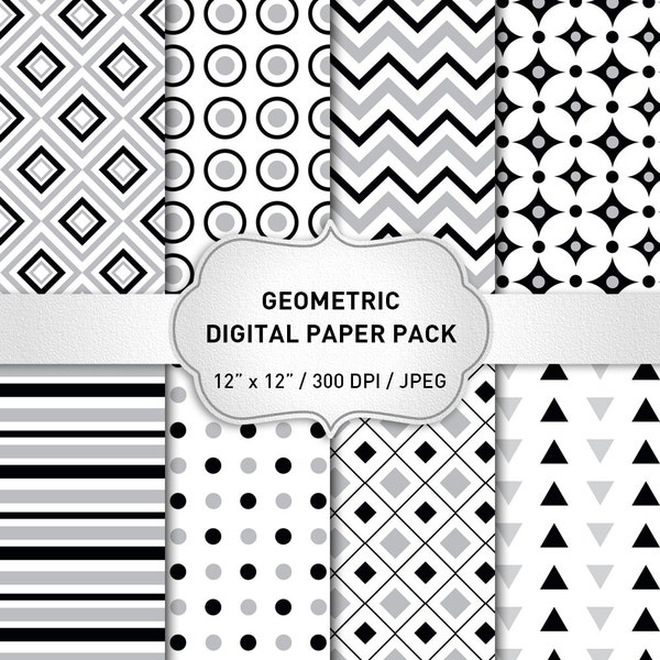 Black and White Digital Paper Pack, Geometric Digital Paper, Scrapbook Digital Paper, Geometric Background, Geometric Black and White