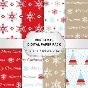 Christmas Digital Paper: &quot;RED CHRISTMAS&quot; Background, Christmas Paper,  Christmas Pattern, Snowflake Papers, Christmas Trees