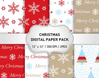 Christmas Digital Paper: "RED CHRISTMAS" Background, Christmas Paper,  Christmas Pattern, Snowflake Papers, Christmas Trees