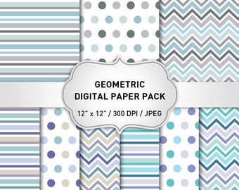 Papel digital geométrico azul, paquete de papel digital, papel digital de rayas, papel digital Chevron, fondo digital, descarga instantánea