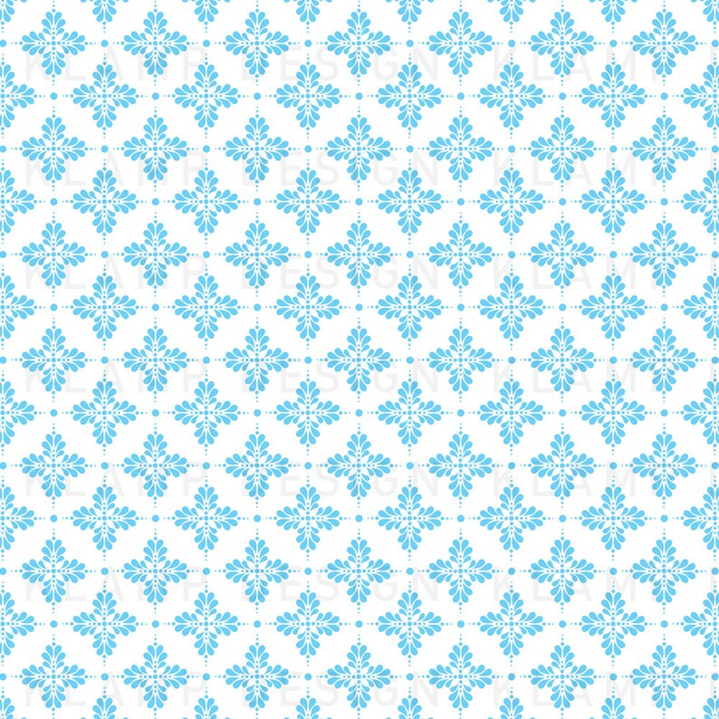 May include: A seamless pattern featuring a repeating design of blue stylized floral crosses on a white background.
