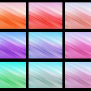 May include: Nine abstract squares with diagonal lines in various shades of pink, purple, blue, green, and orange.