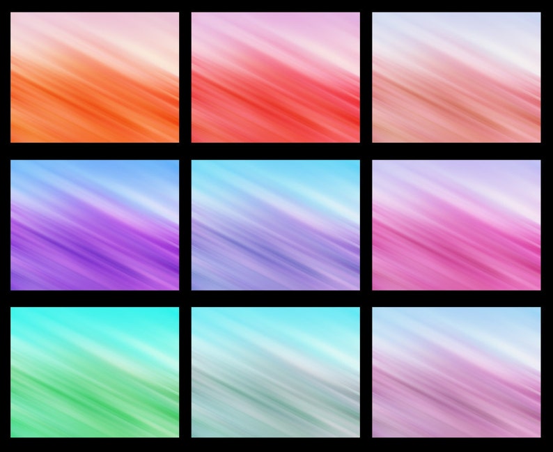 May include: Nine abstract squares with diagonal lines in various shades of pink, purple, blue, green, and orange.