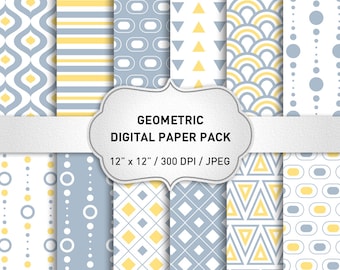 Geometric Digital Paper: "Geometric Pattern Digital" with Gray and Yellow Pattern, Digital Scrapbook Paper, Geometric Background