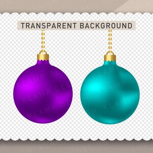 以下が含まれることがあります： 透明な背景に、金色のチェーンから吊り下げられたクリスマスオーナメントが2つあります。左側のオーナメントは紫で、右側のオーナメントはターコイズブルーです。