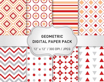 Red Digital Paper, Geometric Red & Grey Digital Paper, Geometric Digital Paper, Geometric Backgroun, Scrapbook Paper, Instant Download