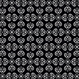 May include: A seamless pattern with a silver metallic design on a black background. The pattern features a repeating motif of stylized hearts and swirls.