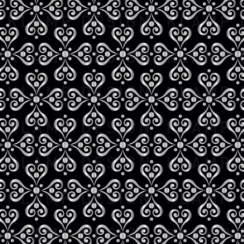 May include: A seamless pattern with a silver metallic design on a black background. The pattern features a repeating motif of stylized hearts and swirls.
