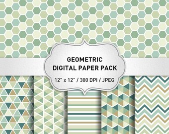 Green Digital Paper Pack, Geometric Digital Paper, Scrapbook Digital Paper, Chevron Digital Paper, Stripes Digital Paper, Geometric