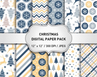 Christmas digital paper: "BLUE CHRISTMAS PAPERS" with Deers Snowflakes Trees, Christmas Background, Scrapbook Paper, Holiday, Commercial Use