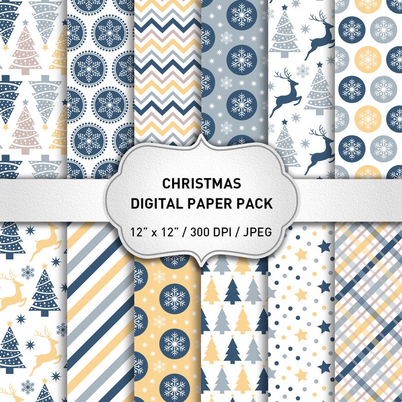 Christmas Digital Paper: blue CHRISTMAS Papers With Deers Snowflakes ...