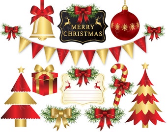 クリスマス クリップアート、赤と金のクリスマス クリップアート、クリスマス デジタル クリップアート、クリスマス オーナメント、ホリデー クリップアート、商用利用