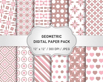 Geometric Digital Paper Pack: "Geometric Digital Pattern" Digital Scrapbook  Paper, Geometric Background, Pink Digital Paper Pack