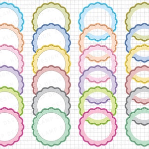 May include: Set of ten colourful, scalloped circle frames with a white background. The frames are in various shades of pink, blue, green, yellow, and grey.