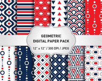 Geometric Digital Paper: "Red Digital Paper" Blue Digital Paper, Geometric Graphic, Geometric Background