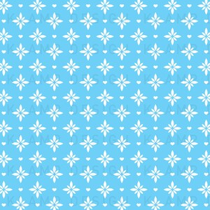 May include: A seamless pattern featuring white stylized flowers on a light blue background. The flowers are arranged in a repeating pattern with small white hearts in between.