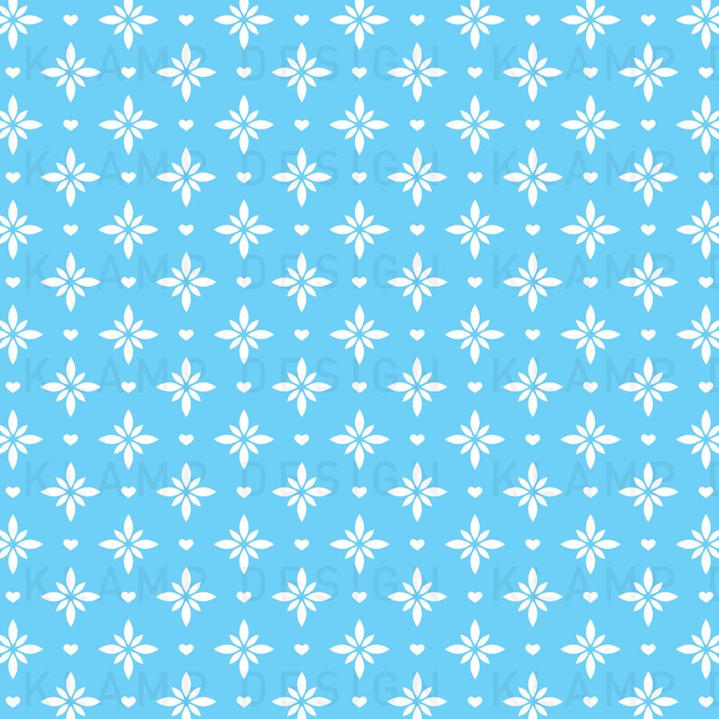 May include: A seamless pattern featuring white stylized flowers on a light blue background. The flowers are arranged in a repeating pattern with small white hearts in between.