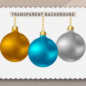 以下が含まれることがあります： 金色のチェーンから吊るされたクリスマスオーナメントが3つ。オーナメントは金色、銀色、青色です。