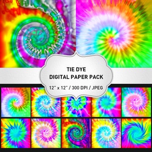 May include: A digital paper pack with 12 tie dye patterns in bright colors. Each pattern is 12 inches by 12 inches and 300 DPI. The patterns are in a variety of colors, including pink, blue, green, yellow, and orange.