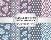 Floral Digital Paper, Geometric Digital Paper, Flower Digital Paper, Pink Digital Paper, Blue Digital Paper, Grey Digital Paper
