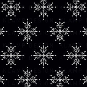May include: A seamless pattern of silver snowflakes on a black background. The snowflakes have a detailed, ornate design with swirls and curves.