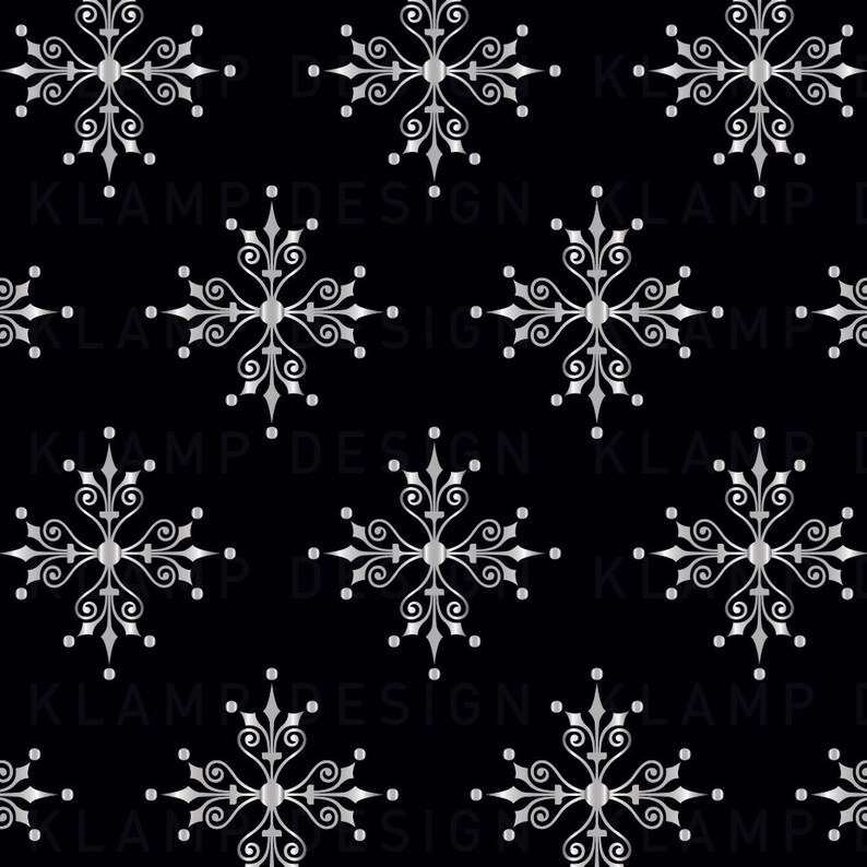 May include: A seamless pattern of silver snowflakes on a black background. The snowflakes have a detailed, ornate design with swirls and curves.