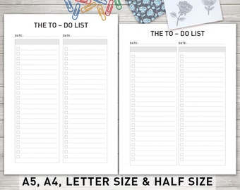 May include: Printable to-do list template in black and white with the text "THE TO-DO LIST" and "DATE:" at the top of each column. The template is available in A5, A4, Letter and Half sizes.