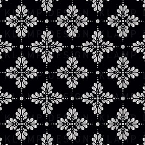 May include: A seamless pattern featuring a silver-colored design on a black background. The design is a stylized floral motif with a cross shape in the center. The pattern is repeated throughout the image.
