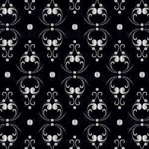 May include: A seamless pattern with a black background and a silver design. The design features a repeating pattern of swirls and dots.